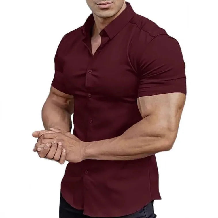 Men's brown short sleeve printed shirt with shirt collar in casual cardigan style.