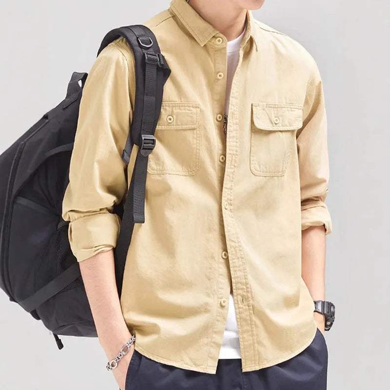 Men's loose-fitting long sleeve cardigan shirt in light grey, made from polyester fabric.