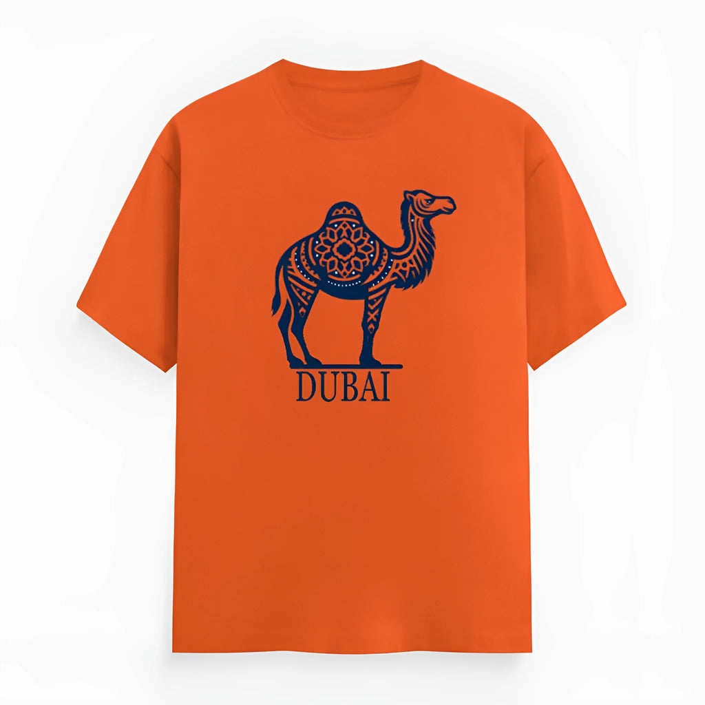 Orange cotton short sleeve T-shirt with a round neckline on a hanger.