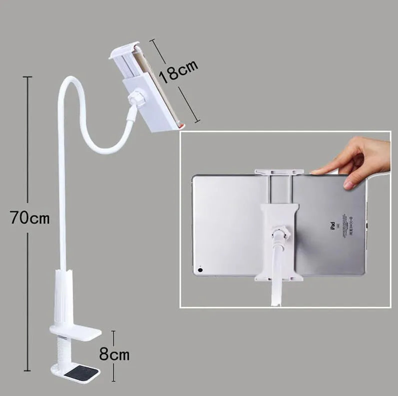 Black oversize bedside phone holder with a long flexible arm mounted on a wooden table.