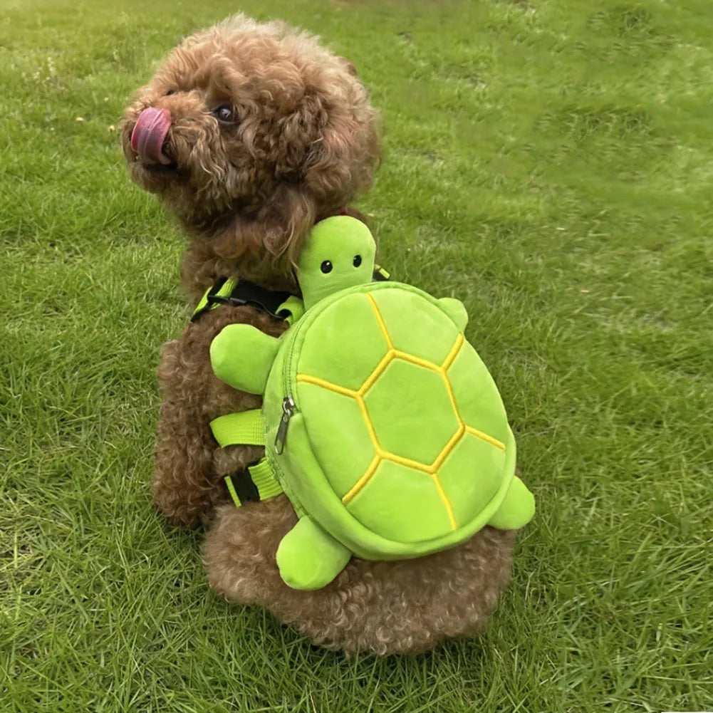 Turtle-shaped dog backpack harness with metal zipper in four colour options on small dog