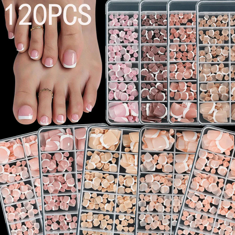 Box of 120 French white edge nude full square short artificial nail tips on a white background.
