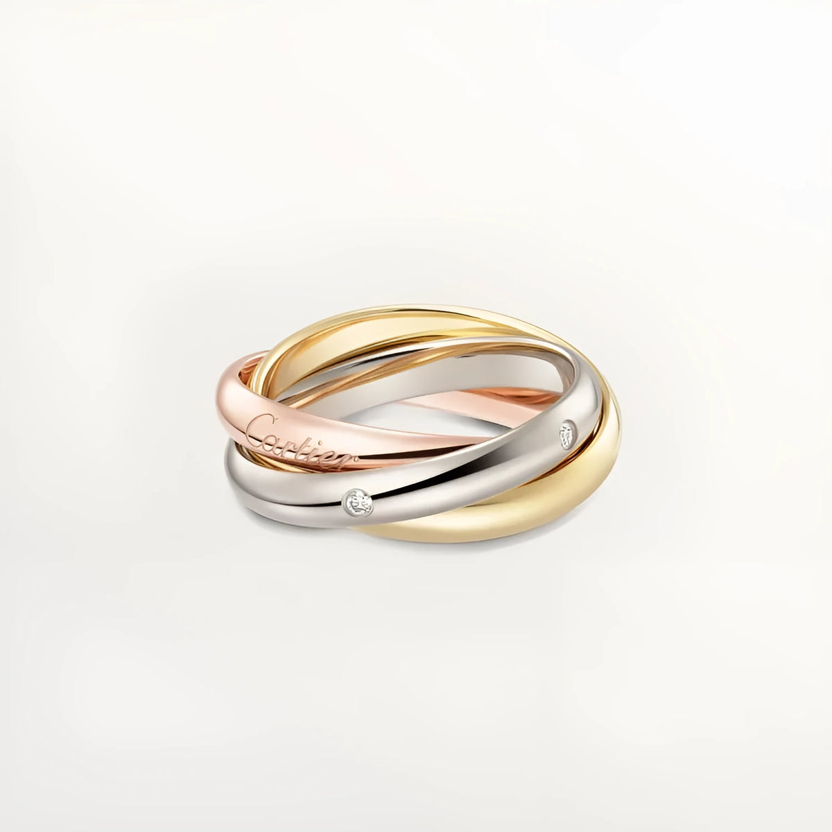 Geometric U-shaped sterling silver couple's ring in gold rose silver with full diamond setting on a size guide.