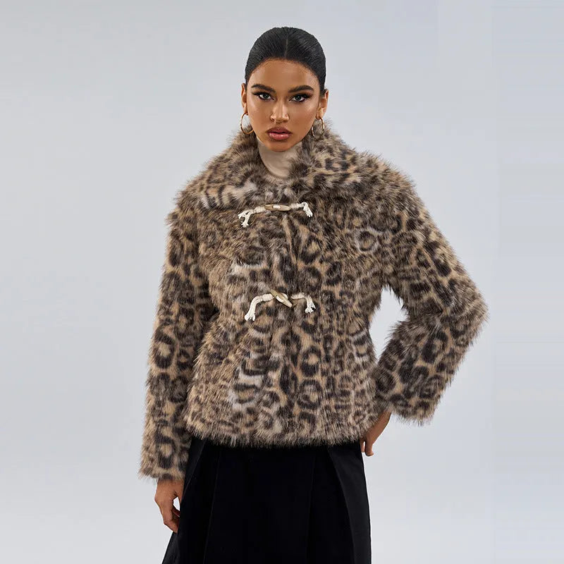 Women's leopard print buckle lapel street fashion coat with regular sleeves