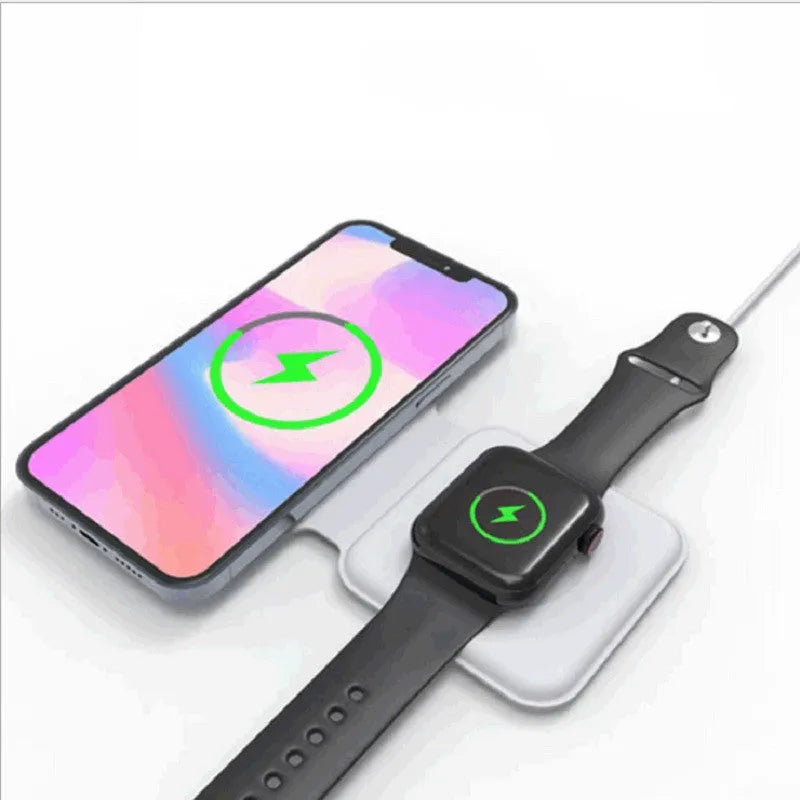 White foldable magnetic wireless charging dock showing dual charging surfaces and compact dimensions