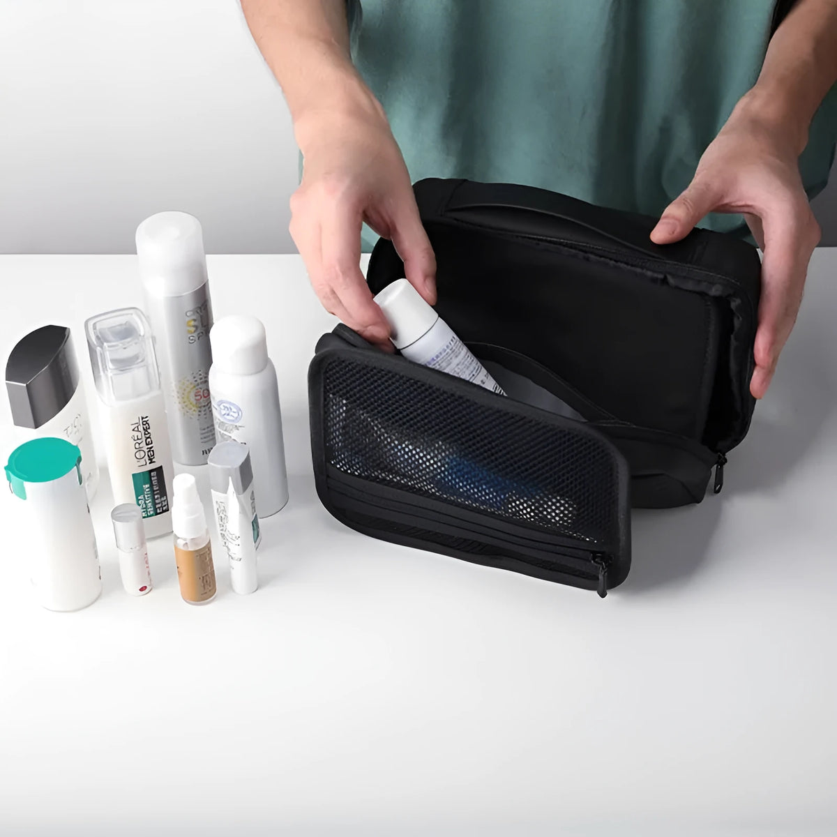 Oxford cloth toiletries storage bag with wet dry separation compartments in graphite gray colour