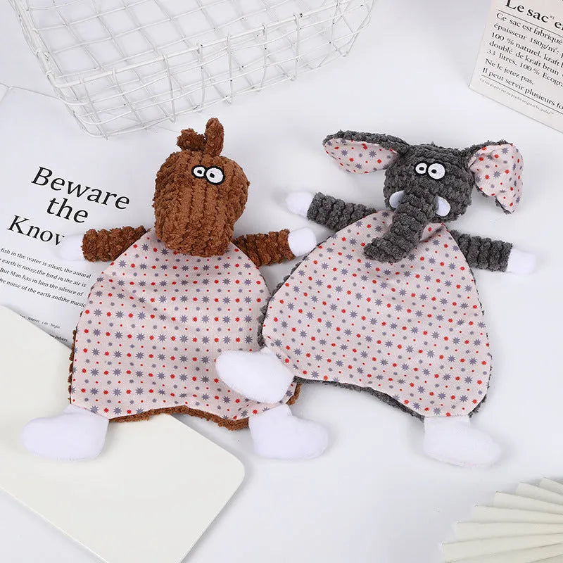 Brown velvet stuffed fox elephant dog toy with squeaker and crinkle sound paper