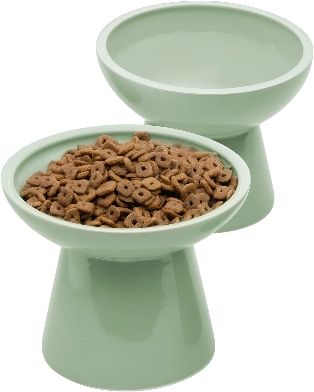 Extra wide elevated ceramic cat bowl set in blue colour showing food and water bowls