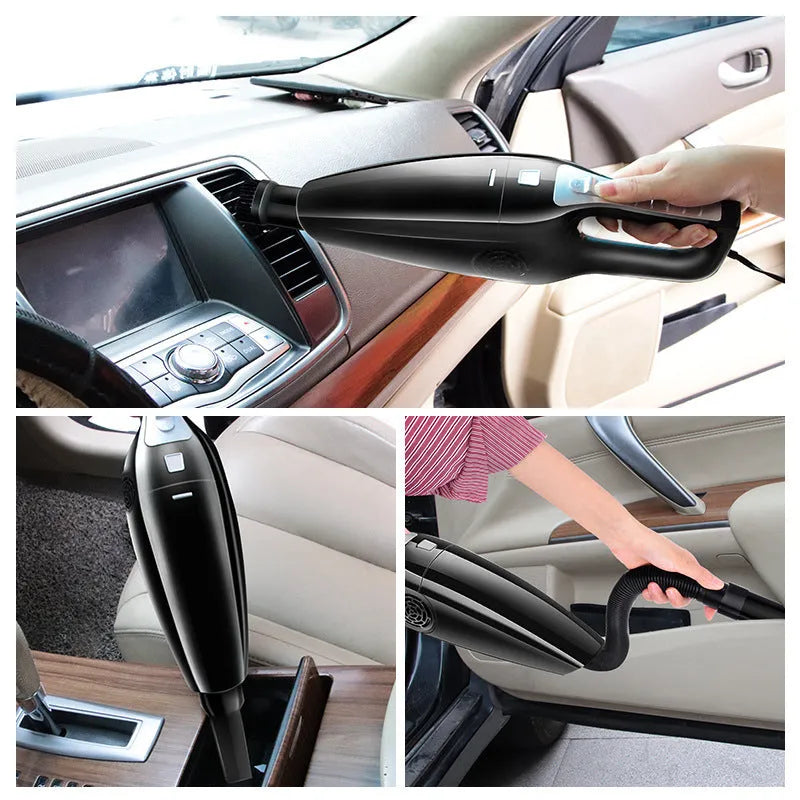 Black and orange car vacuum cleaner with cigarette lighter plug for vehicle interior cleaning