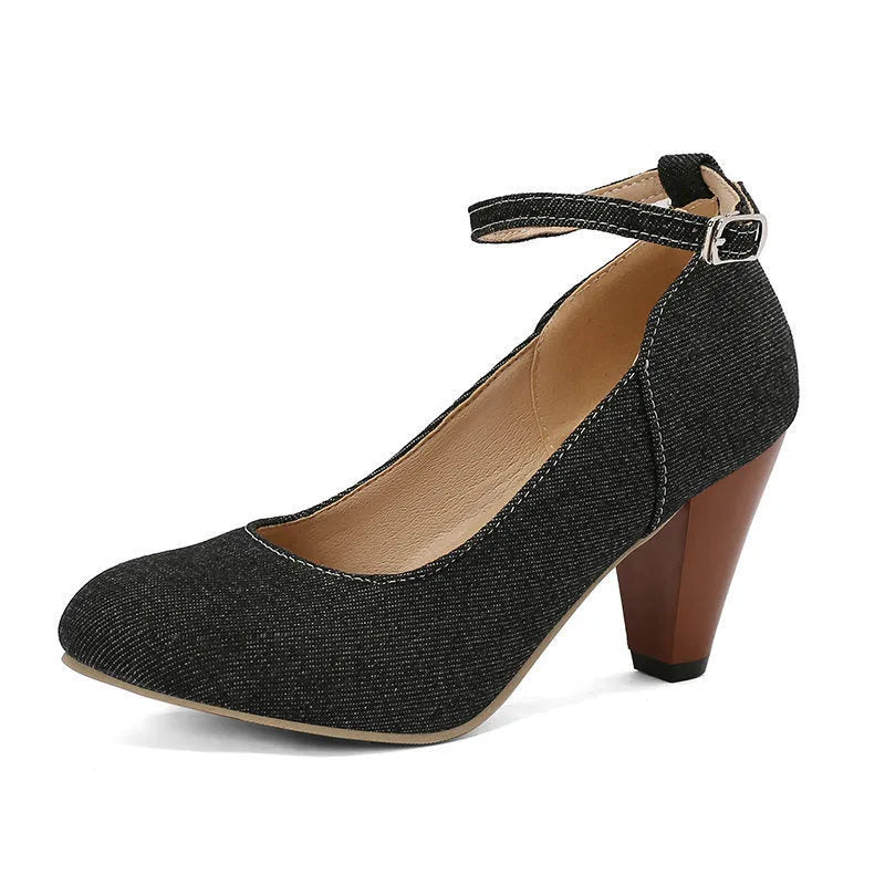 Blue denim women's high heel ankle boots with a silver buckle and waterproof platform sole.