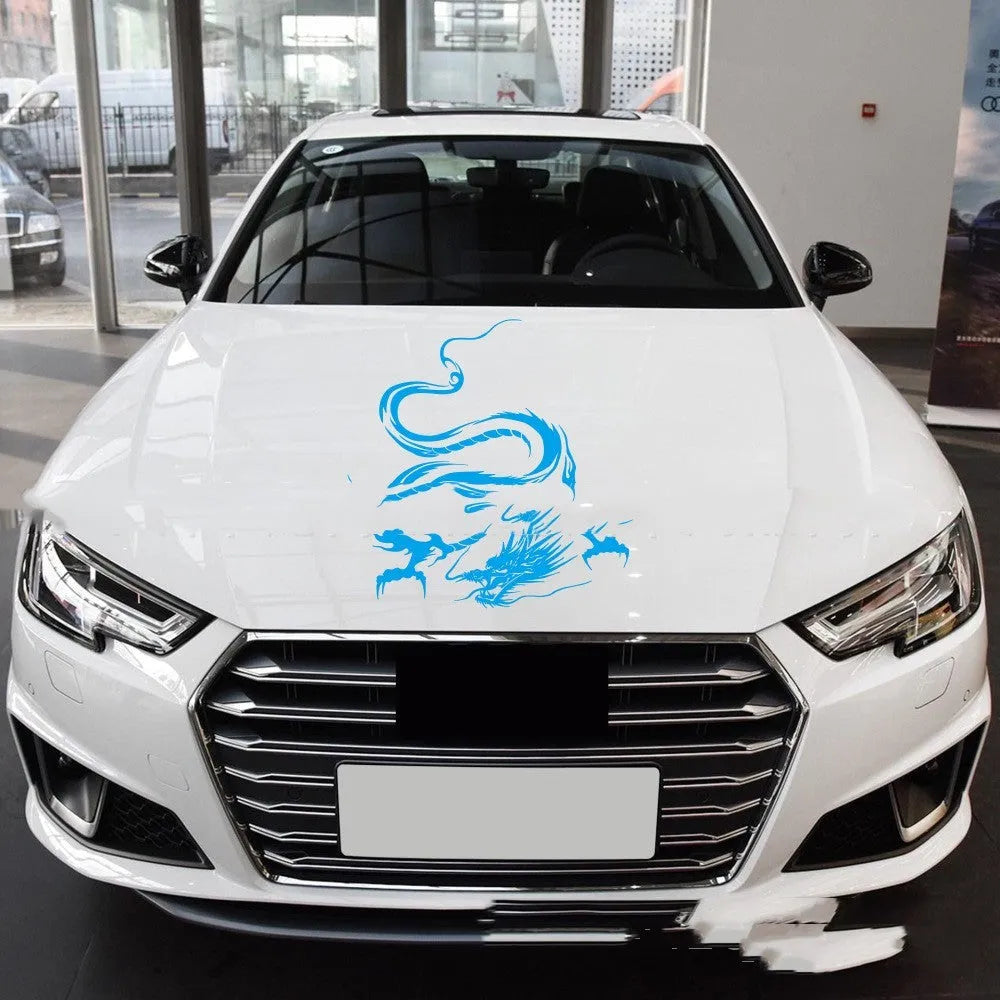 Black dragon design car body sticker measuring 50 by 36 centimetres on a vehicle front end.