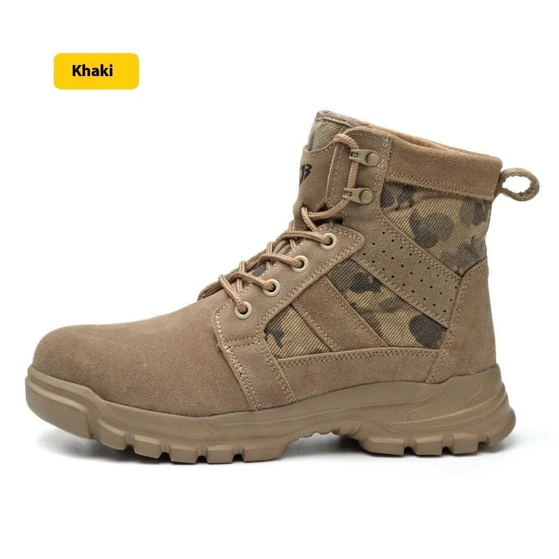 Khaki high-top safety boots with steel toe cap and lace-up front