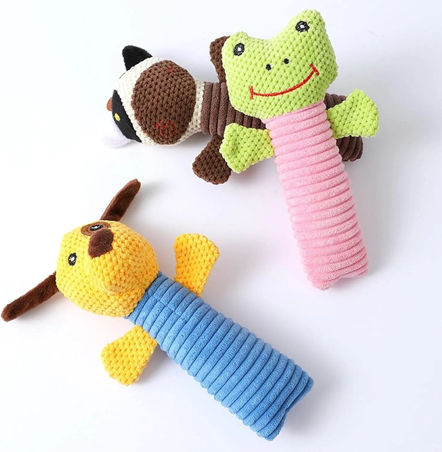 Squeaky plush dog chew toy in calf frog puppy designs for dental cleaning and teeth massage