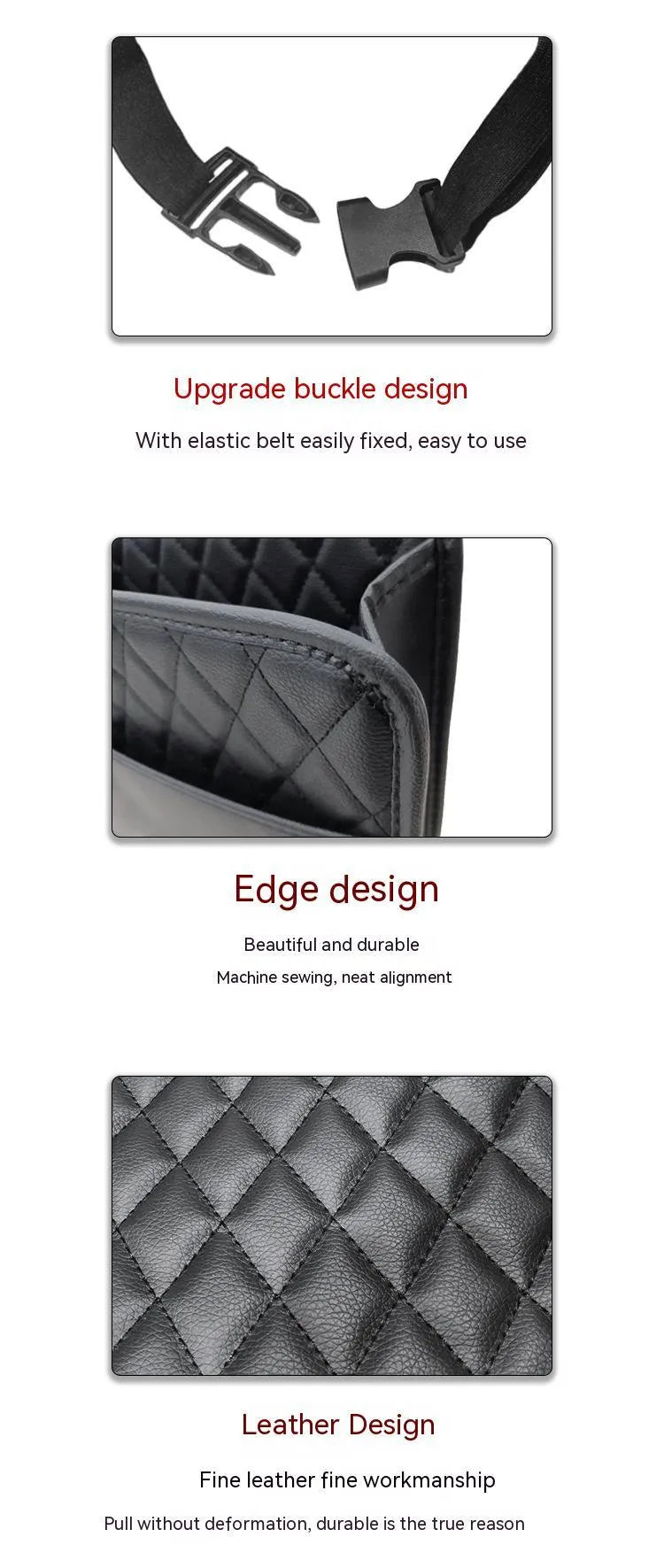 Black leather car hanging storage bag with 25cm dimensions shown installed on vehicle headrest
