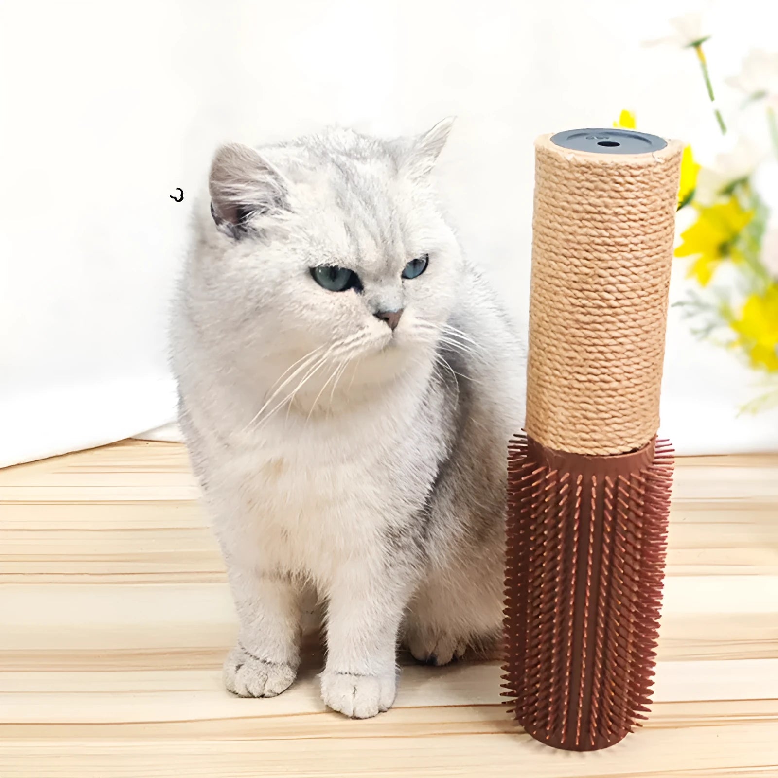 Brown sisal scratching post for cats measuring 30cm tall with natural fibre scratching surface