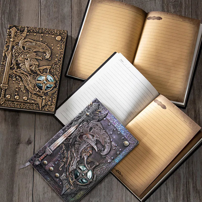A5 leather notebook with embossed 3D warriors design on the cover, shown in bronze colour.