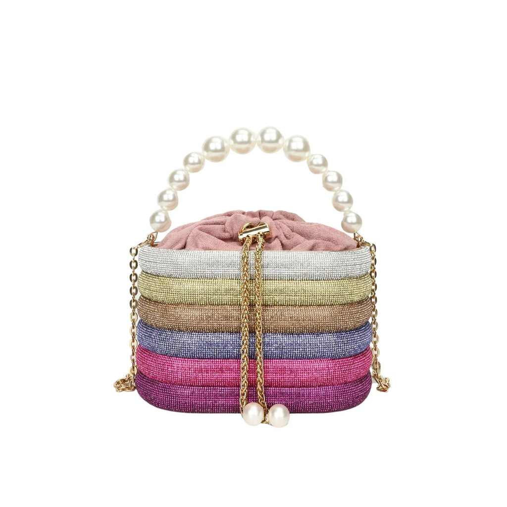 Round retro women's crossbody bag with beaded decoration in soft PU leather