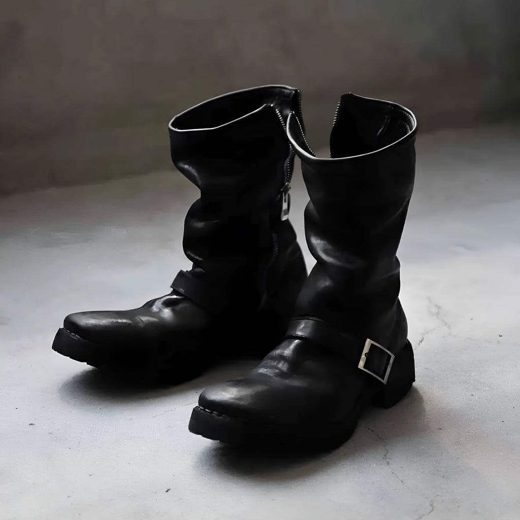 Men's dark retro Martin boots with zip fastening and round toe in black colours