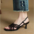 Retro women's sandals with thin cross straps, ankle buckle, square toe, and a mid heel.