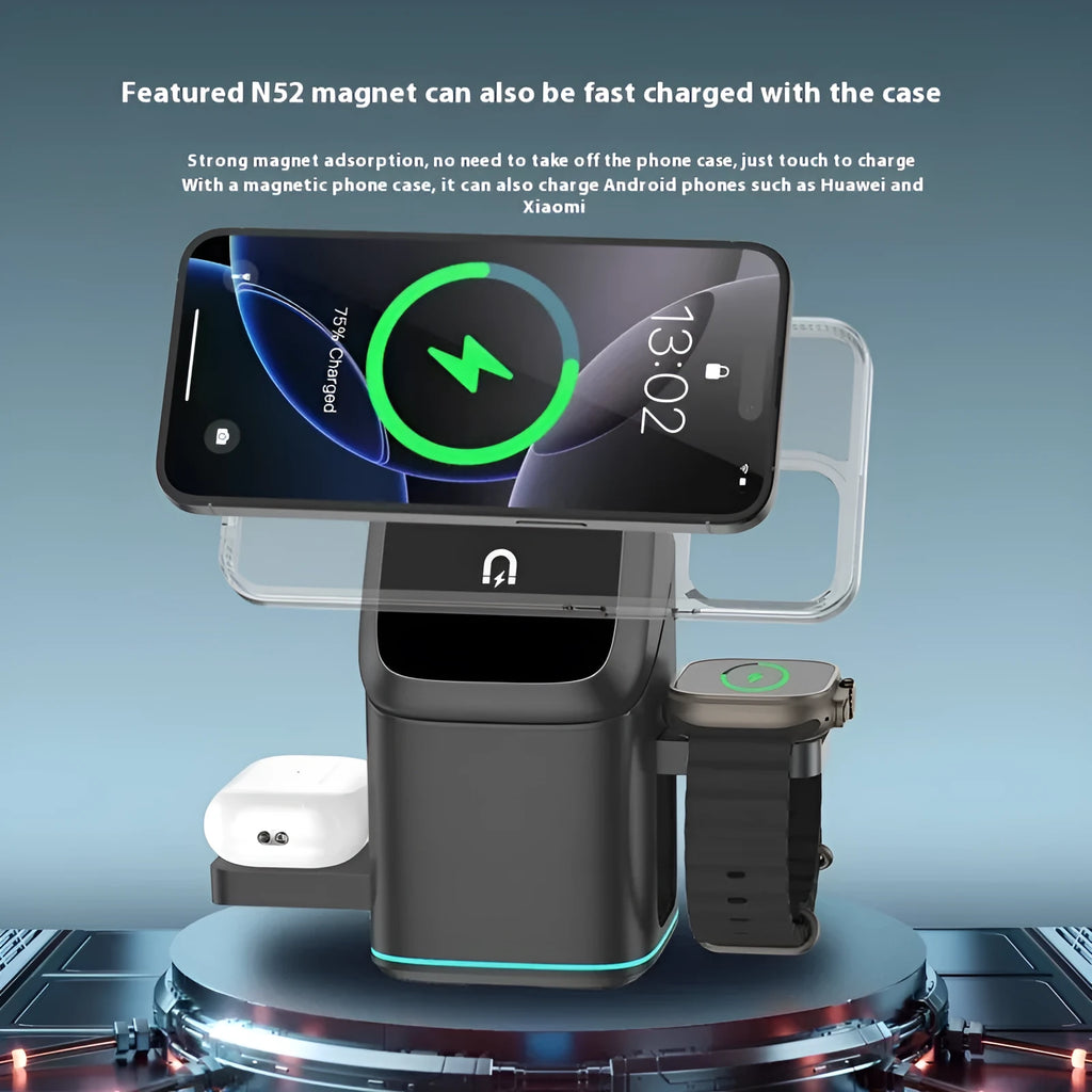 Black mobile phone magnetic wireless charging stand showing 180-degree rotation adjustment on a desk.