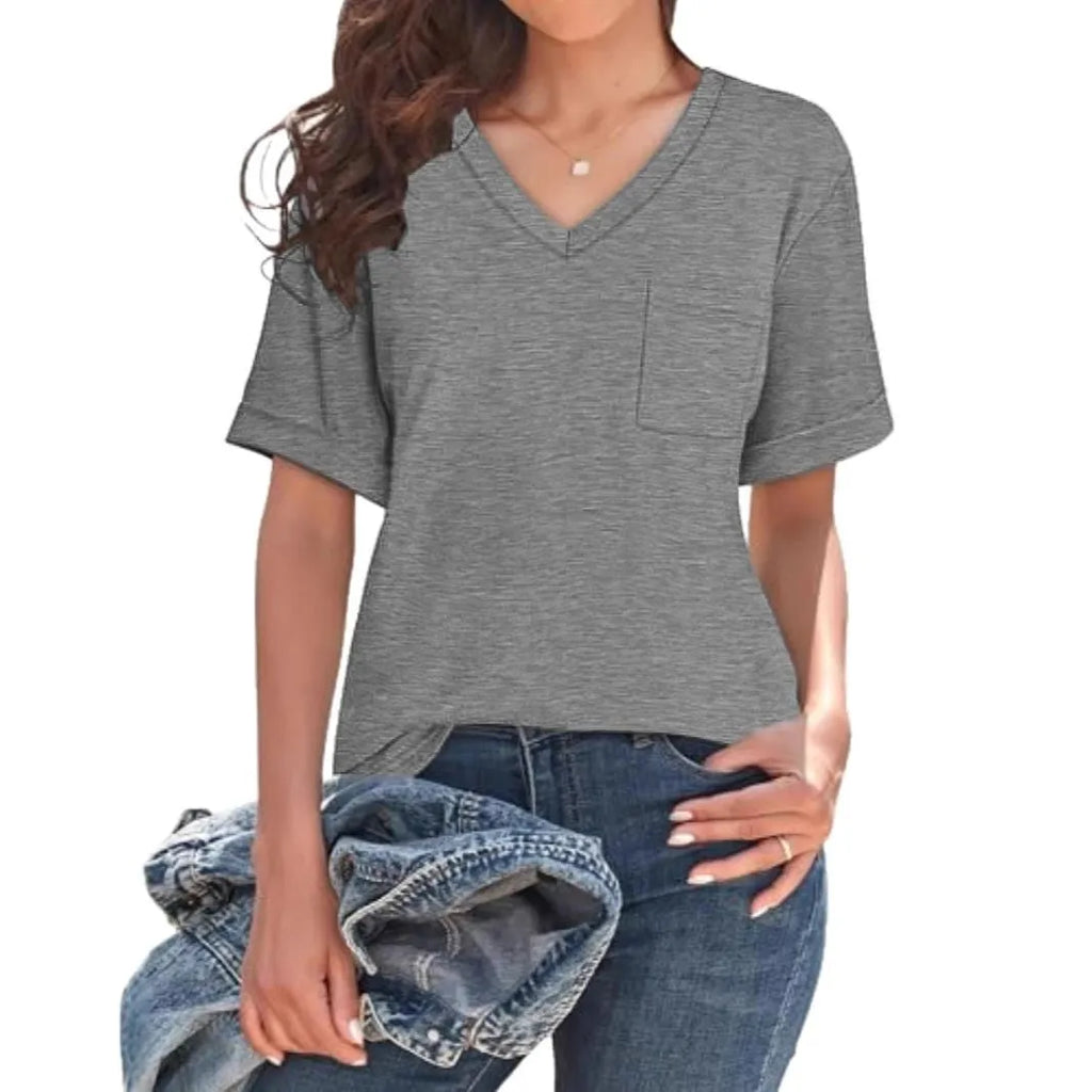 Grey loose fit V-neck t-shirt with chest pocket on mannequin