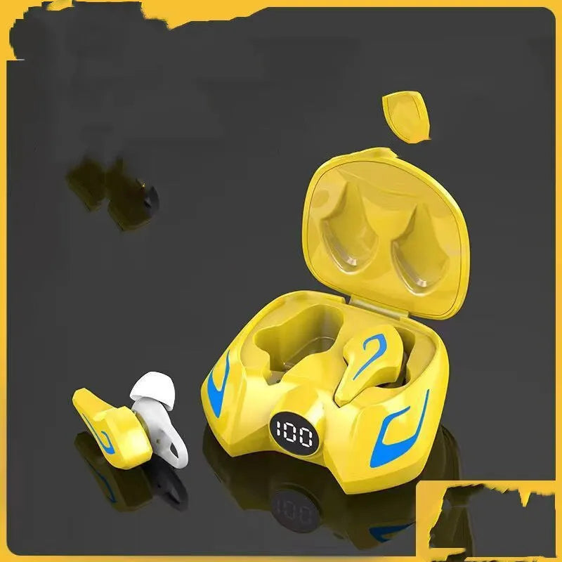 Bluetooth gaming headset with earplug design in black, dark grey, or yellow colours showing wireless earpieces