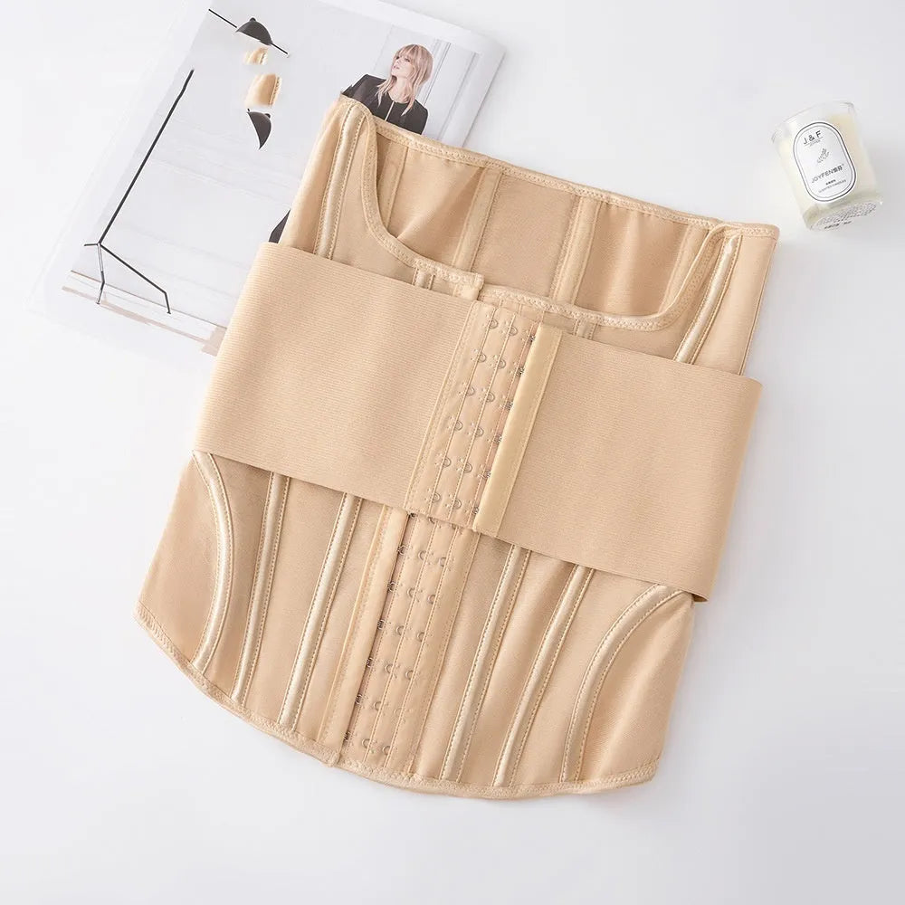 Nylon belly band waist trainer in black and apricot colours showing front view