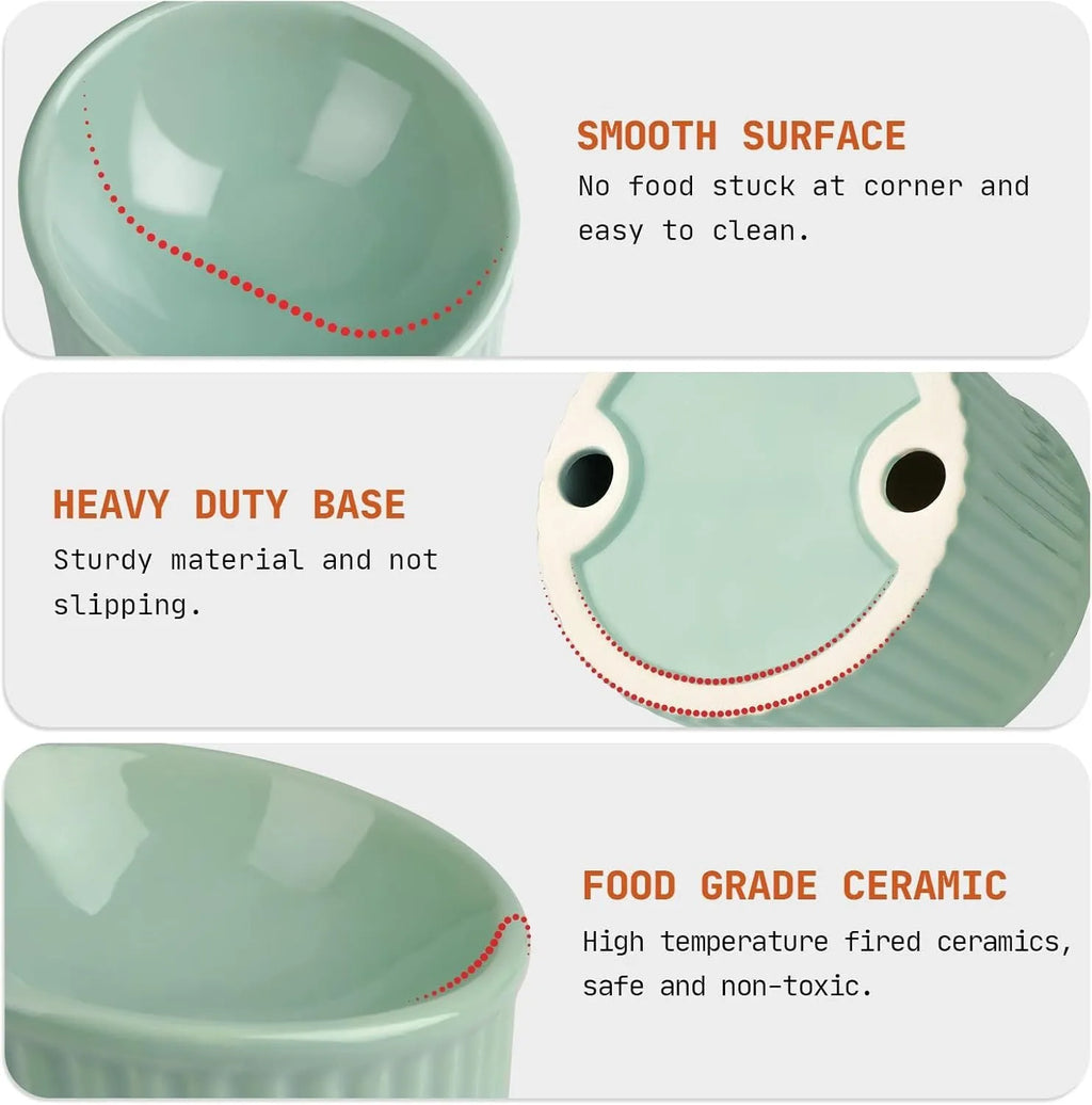 Ceramic raised cat bowl in light green colour showing its elevated, tilted round shape.