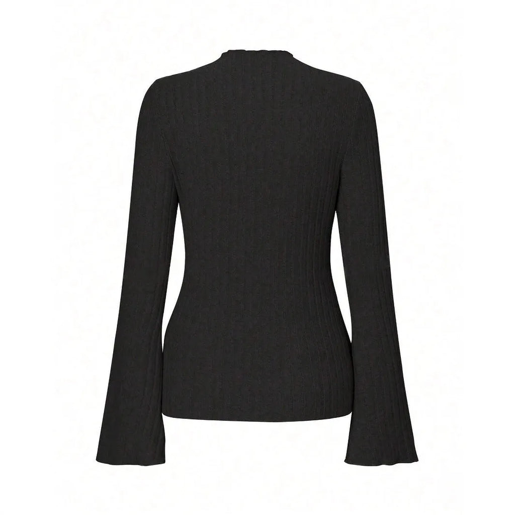 Long sleeve round neck polyester top in black with lantern sleeves, slim fit silhouette