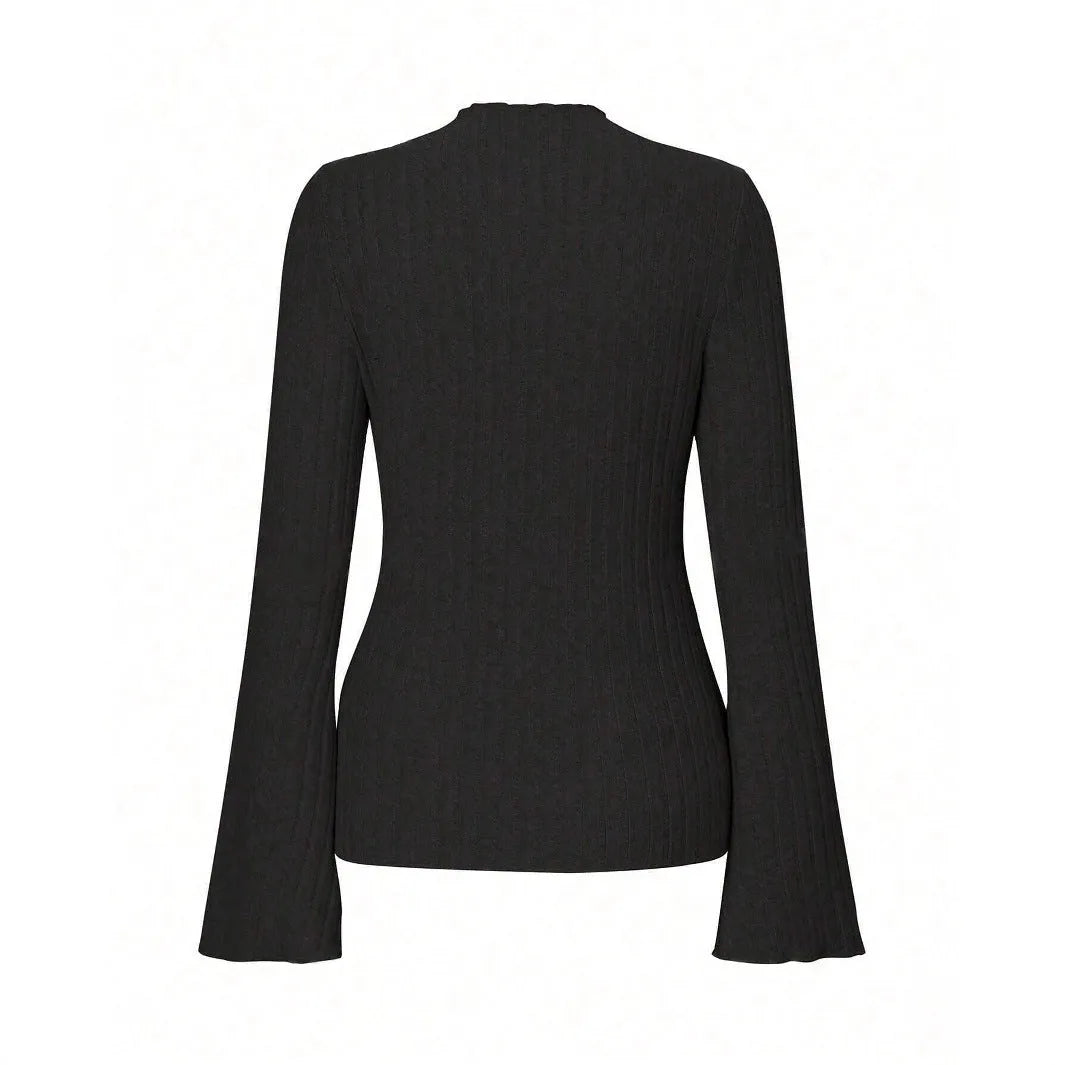 Long sleeve round neck polyester top in black with lantern sleeves, slim fit silhouette