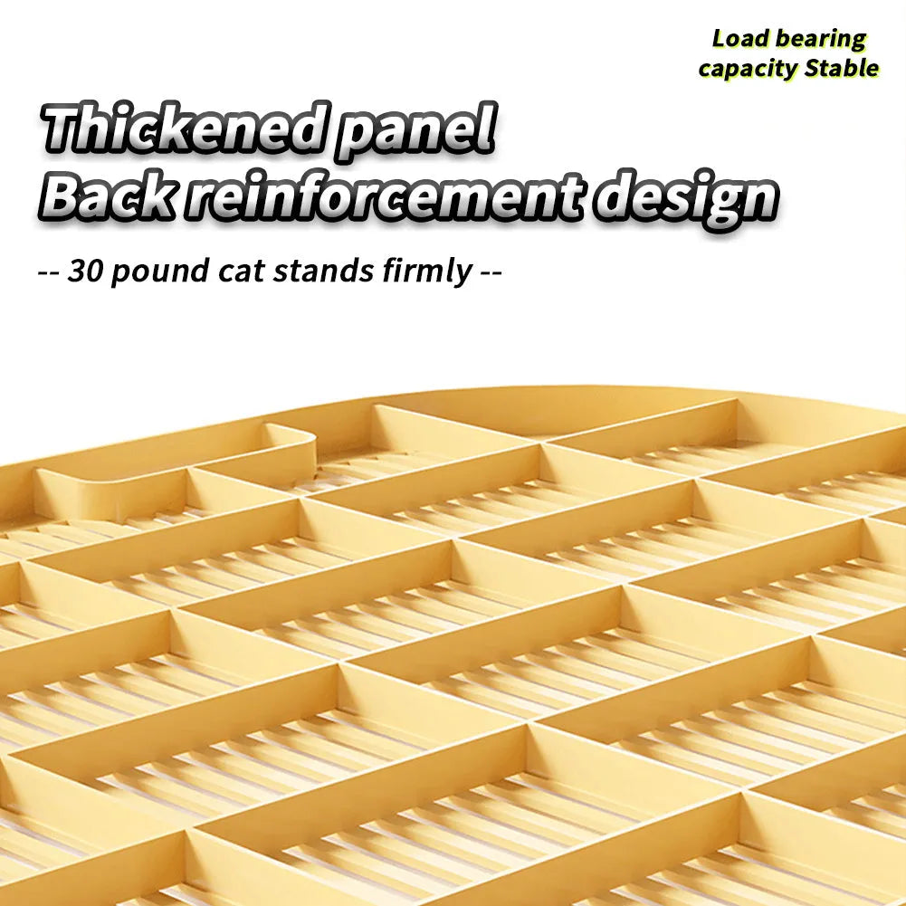 Milk yellow plastic cat litter mat with anti-slip feet next to a litter box