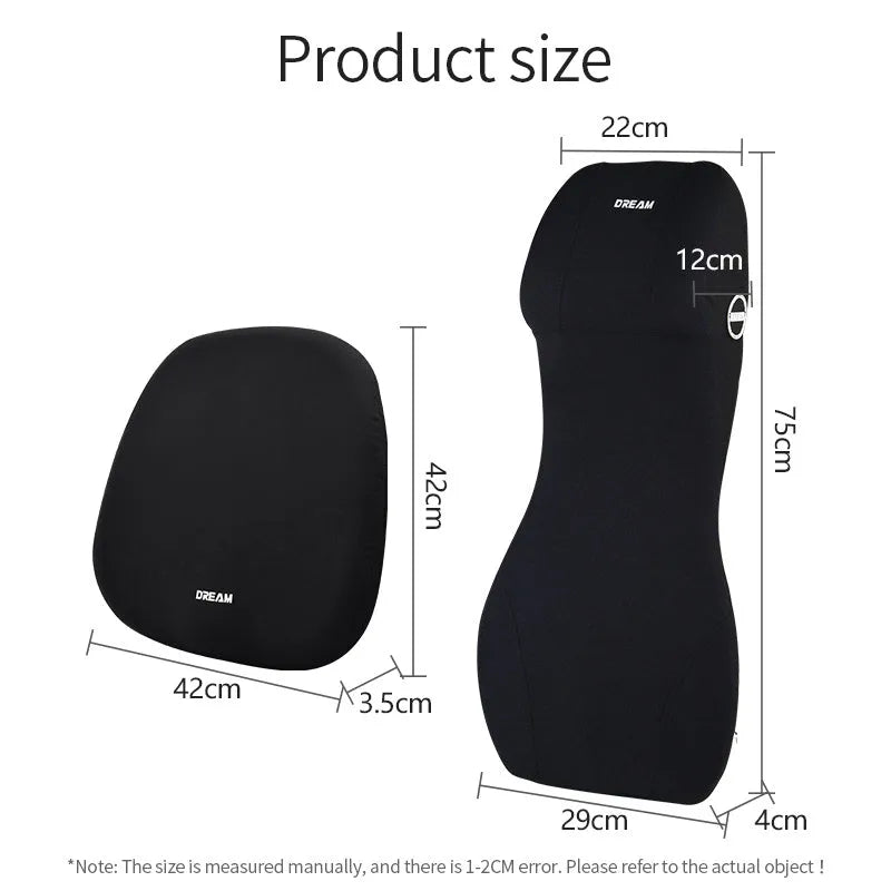 Black automotive memory foam seat cushion with integrated lumbar support headrest pillow.