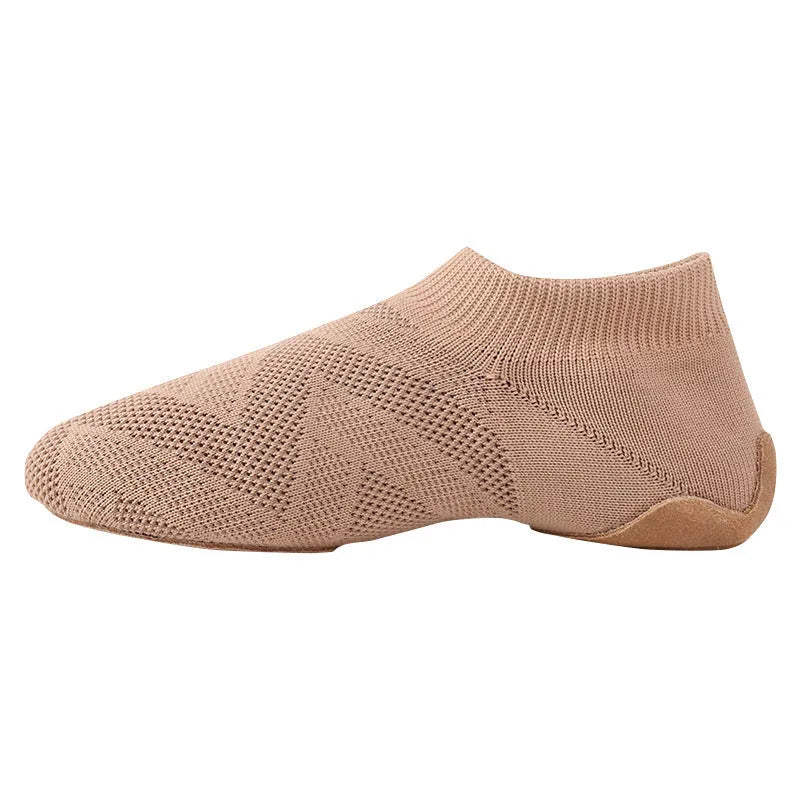 Camel colour contemporary dance yoga shoes with cotton mesh upper and leather sole