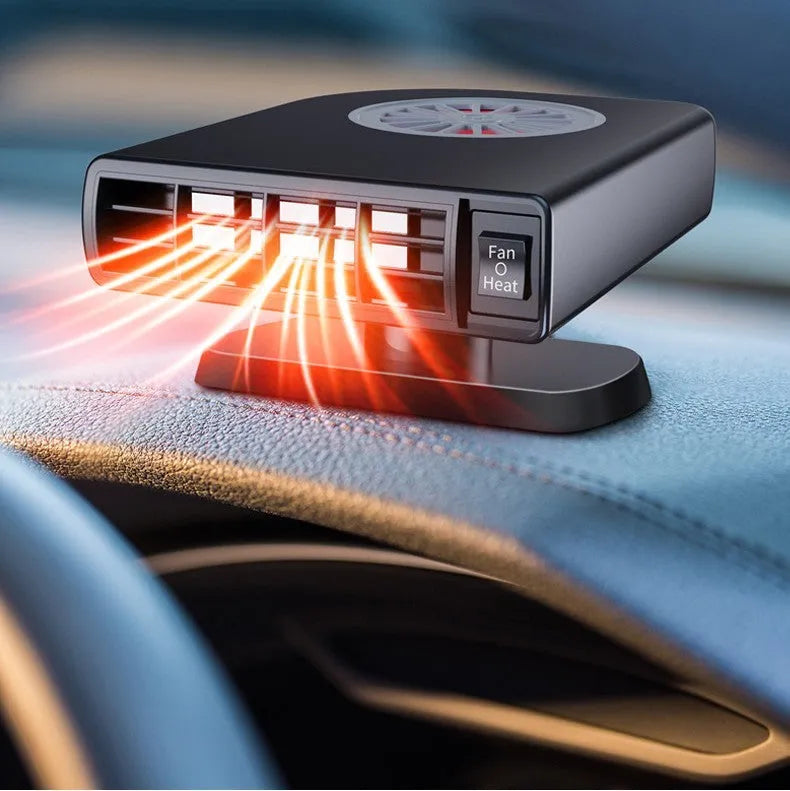 Black vehicle-mounted heater showing adjustable vents, dimensions 11x6.5x14cm, with double-sided adhesive.