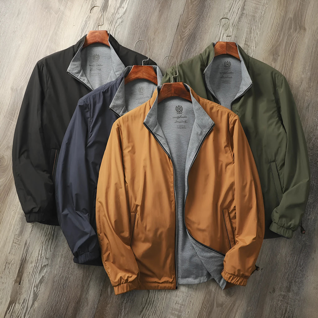 Men's stand collar casual jacket in Army Green colour, shown on a model.