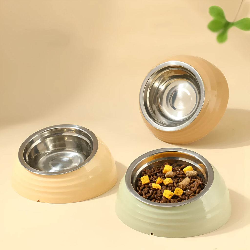 Stainless steel cat bowl with plastic base in beige, brown, or light green colour options