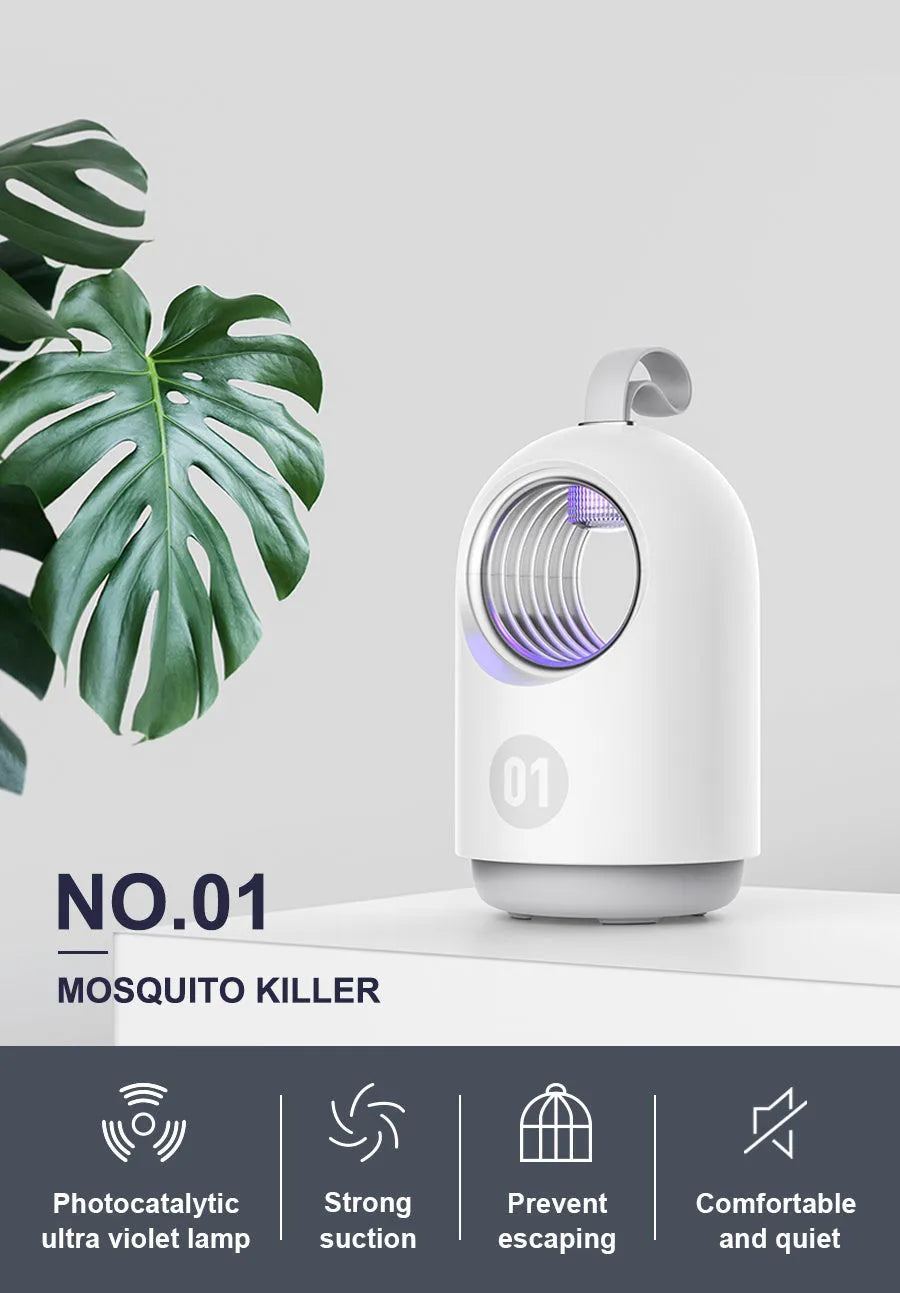 White indoor mosquito killer lamp with blue accents, showing top silicone handle and UV light grid.