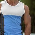 Men's blue contrast colour sports running vest showing front design with cotton blend fabric texture