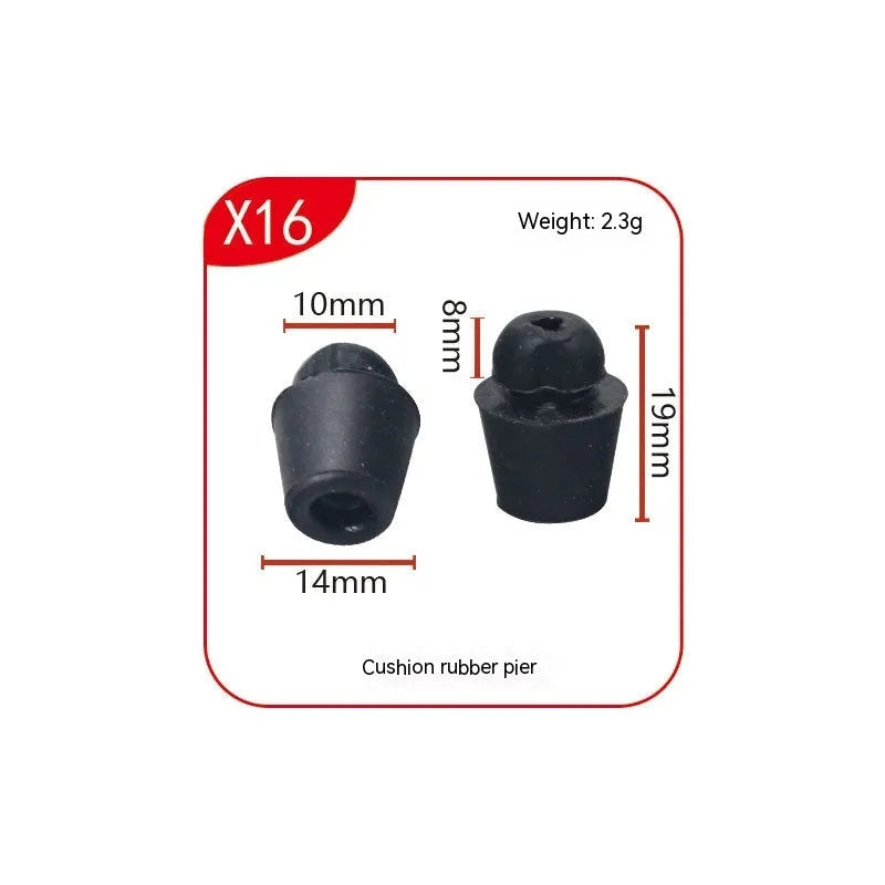 Ten black rubber automobile damping clips for shock absorption on a white background.