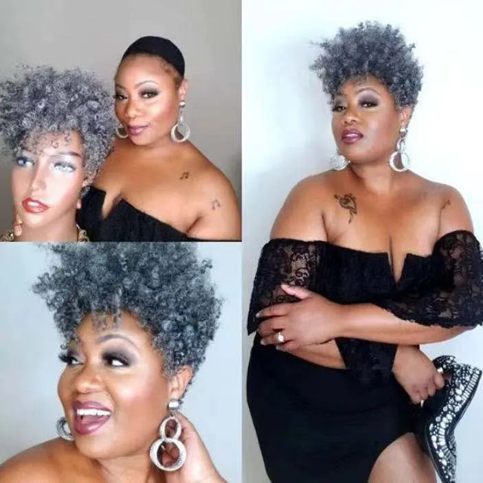Short black synthetic wig with simple rolls in an exotic style on a model