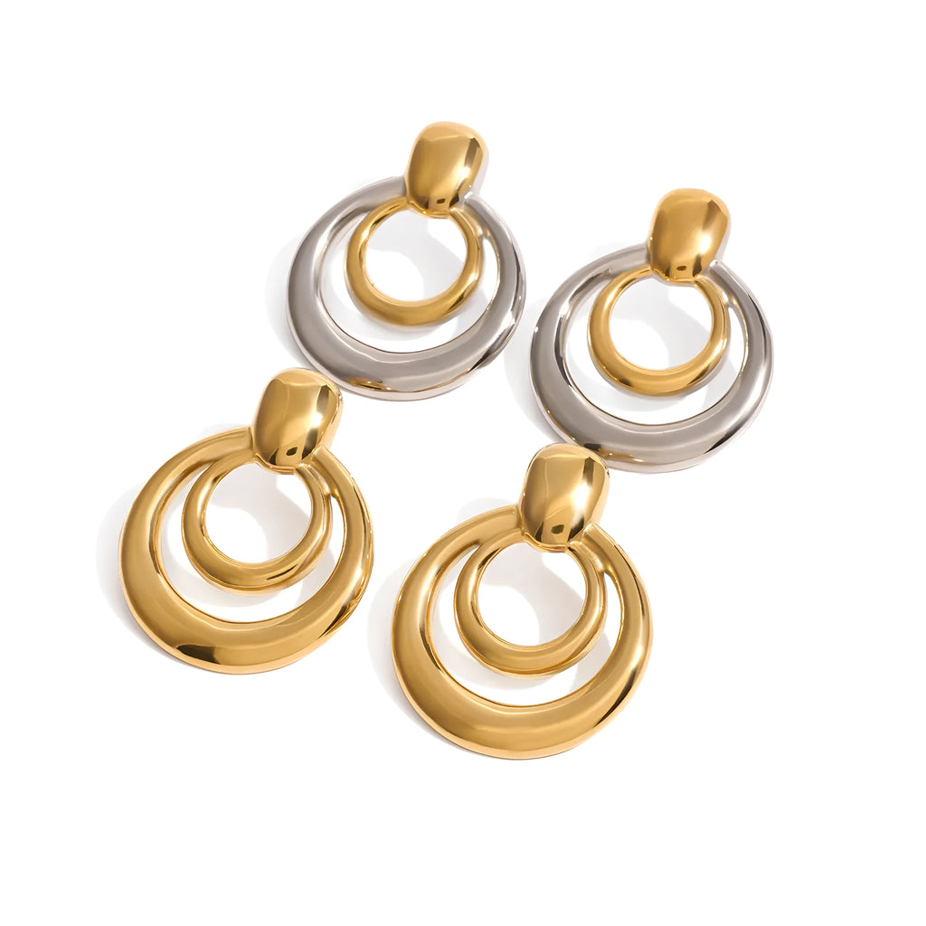 Gold plated double layer hollow stud earrings with round geometric design and titanium steel construction