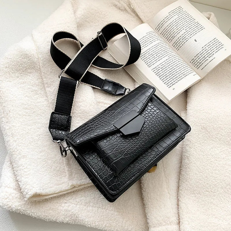 Vintage PU crossbody bag in black, dark brown, khaki, or red with dimensions 20cm wide by 14cm high.