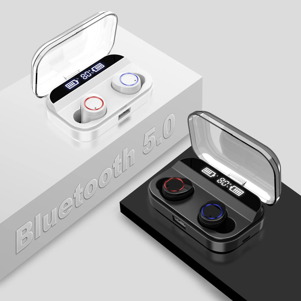 Black X11 Bluetooth wireless earbuds with charging case and silicone ear tips
