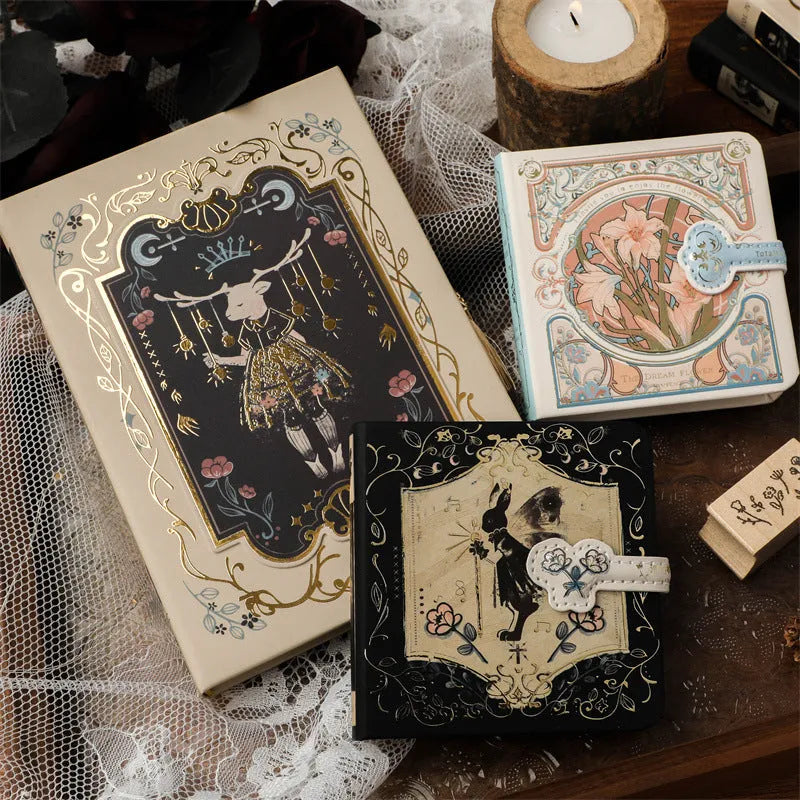 THALO A5 retro art notebook with gothic style cover, open on wood pulp paper.
