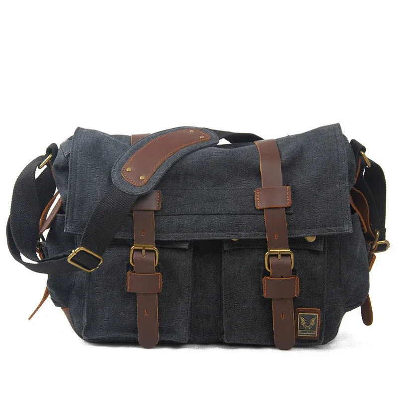 Men's retro canvas crossbody shoulder bag with cowhide trim and postman flap in Army Green colour