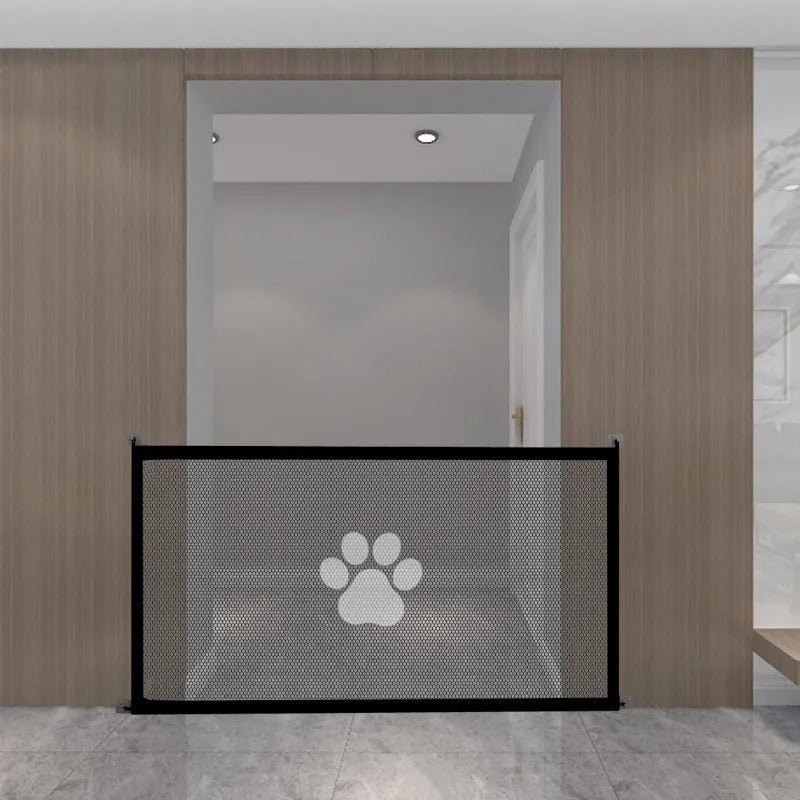 Folding dog barrier safety net with dog footprint design in doorway