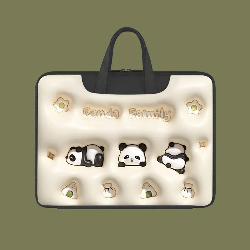 Inflatable PU leather laptop bag with carry strap, shown in a cute panda design.