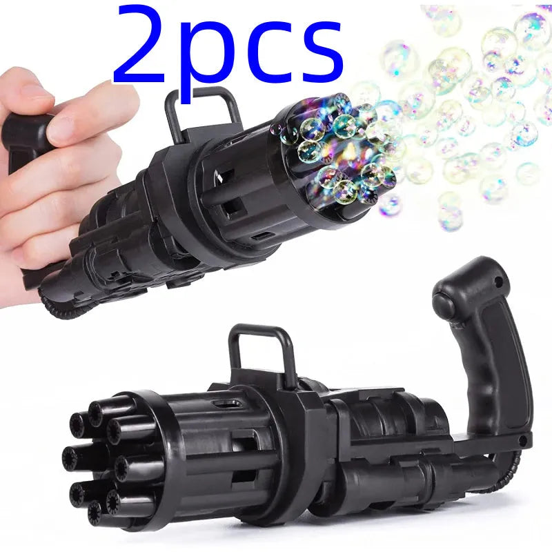 Kids plastic bubble gun toy in pink, gold, or black colours with battery compartment and trigger.