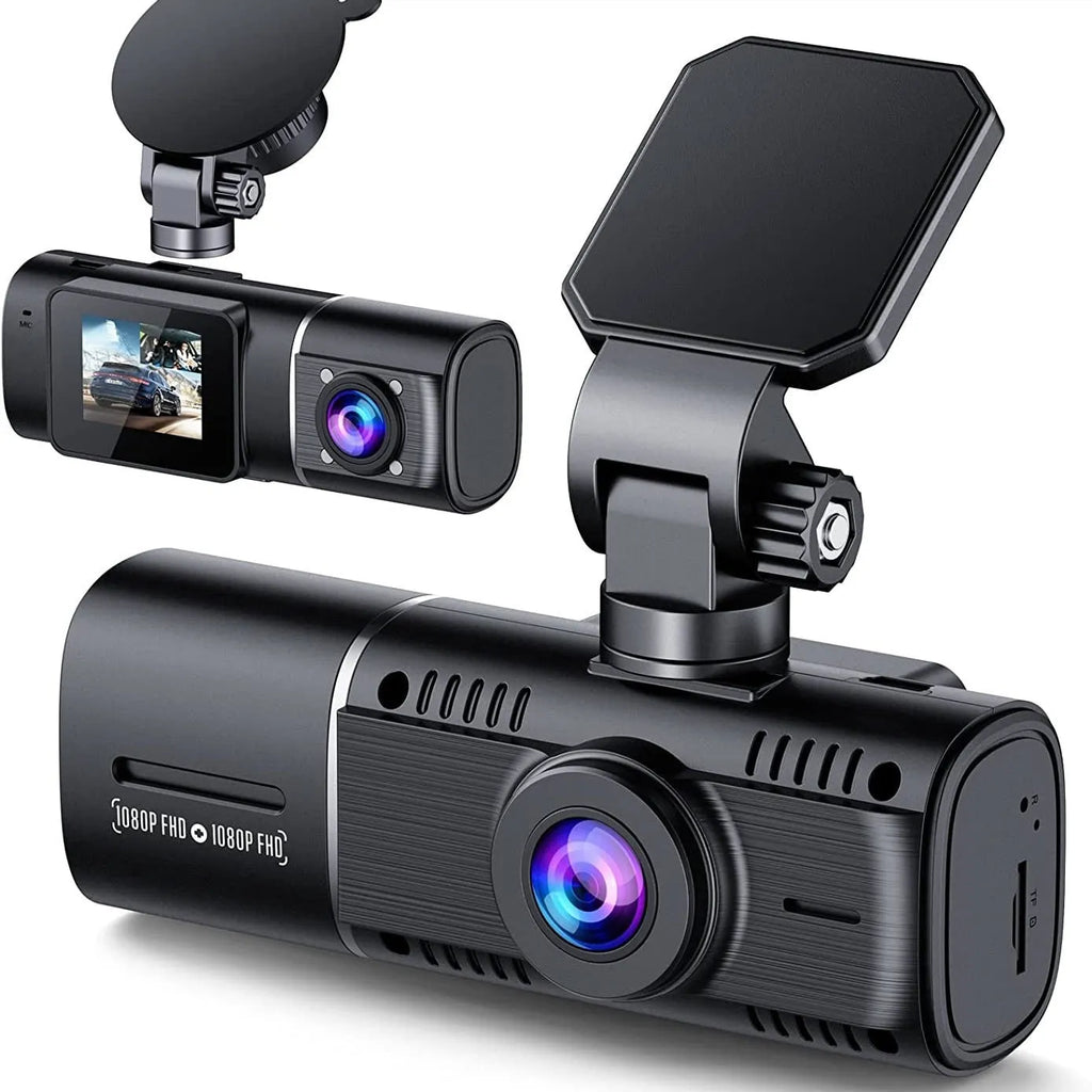 Black dual-lens car dash camera for front and rear recording with parking surveillance mode