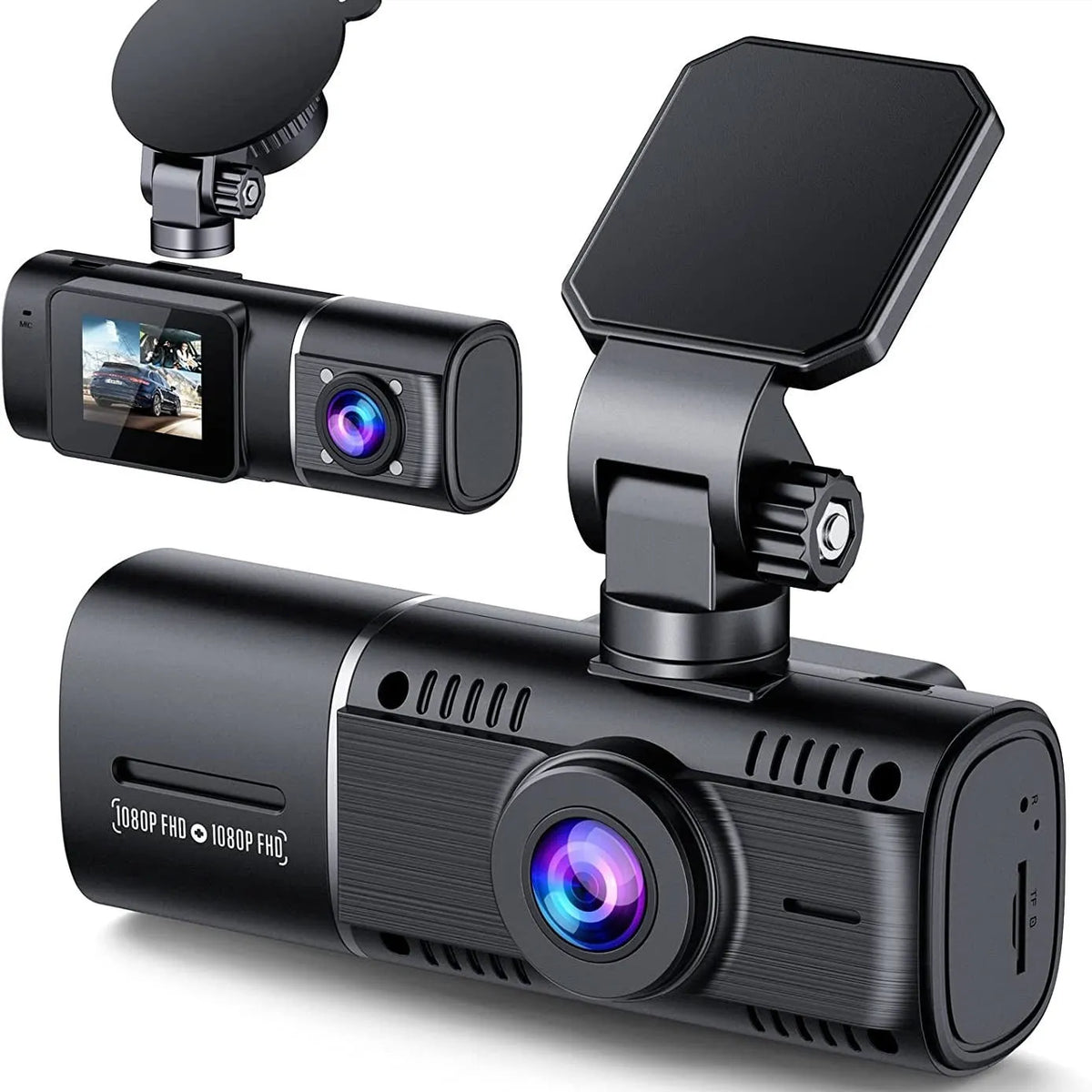 Black dual-lens car dash camera for front and rear recording with parking surveillance mode